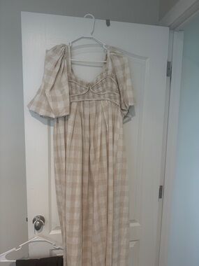 Cream Plaid Smocked Maxi Dress - Unbranded